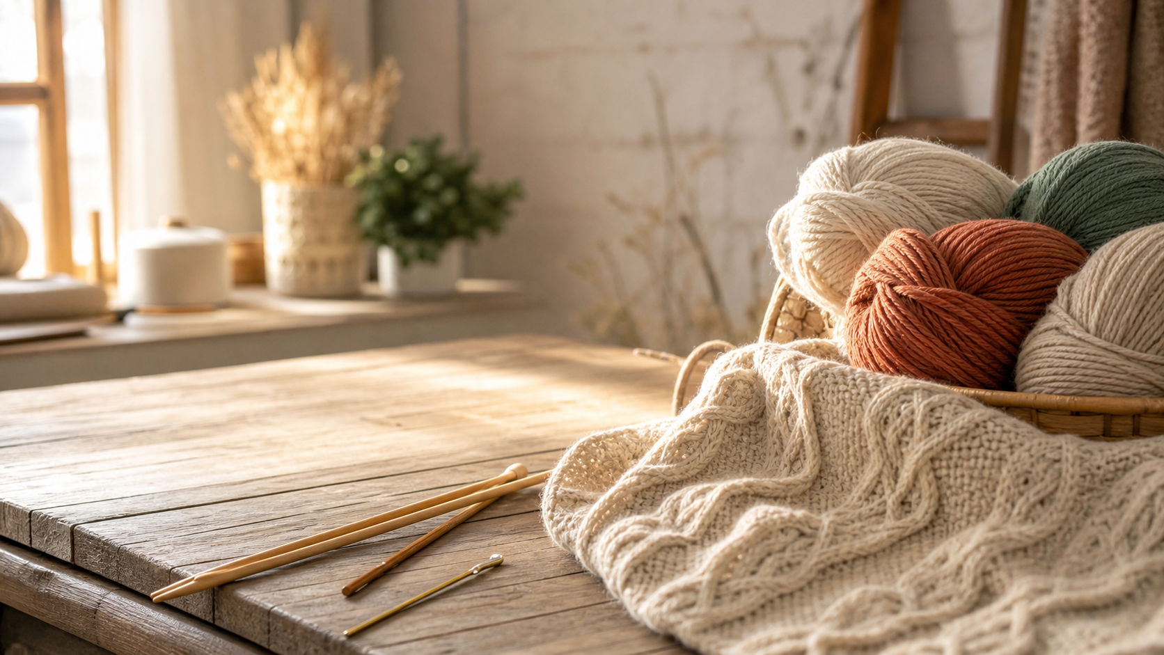 Cozy knitting studio with yarn and needles